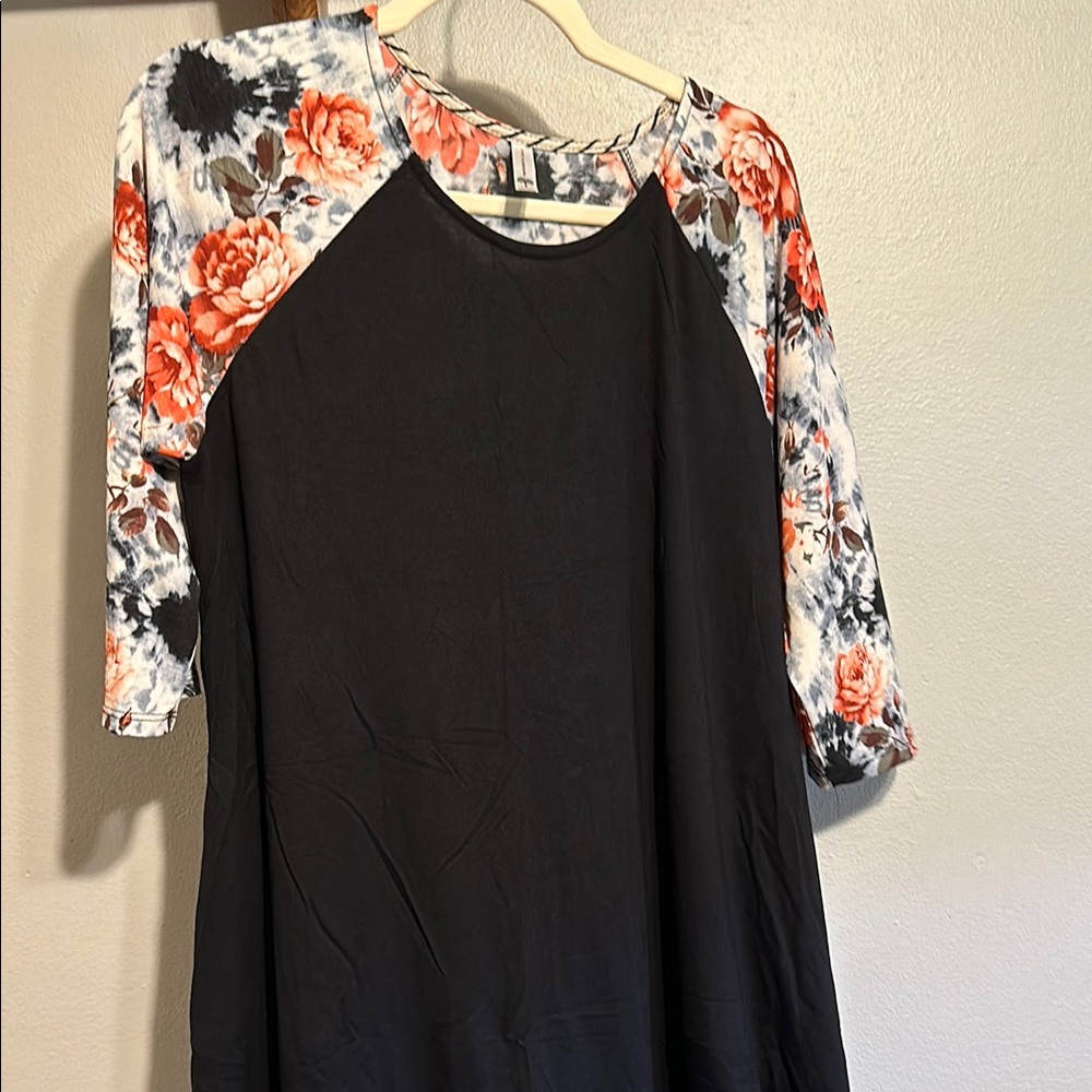 Black and Pink Asymmetrical Raglan Blouse with 3/4 Sleeves